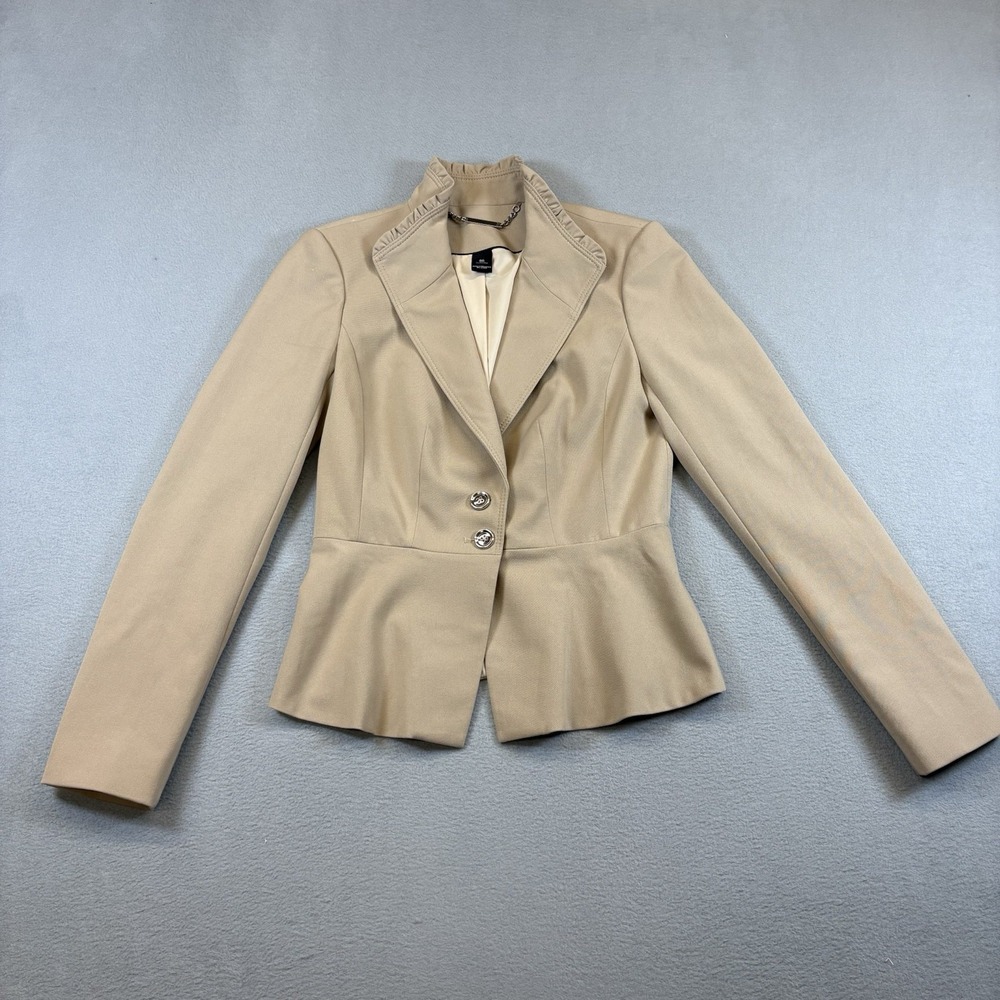 White House Black Market Blazer Women's 00 Beige Taupe Ruffle Collar Peplum